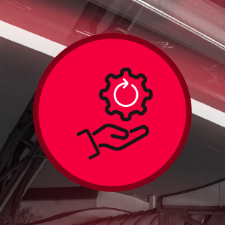 rotes Icon mit Hand, die ein Zahnrad hält.