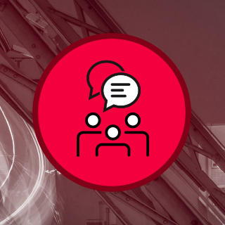 rotes Icon mit Figuren und Sprechblasen.